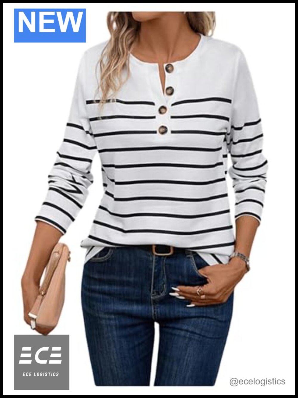 Womens Striped Button Front Long Sleeve Crewneck Tee Casual Top